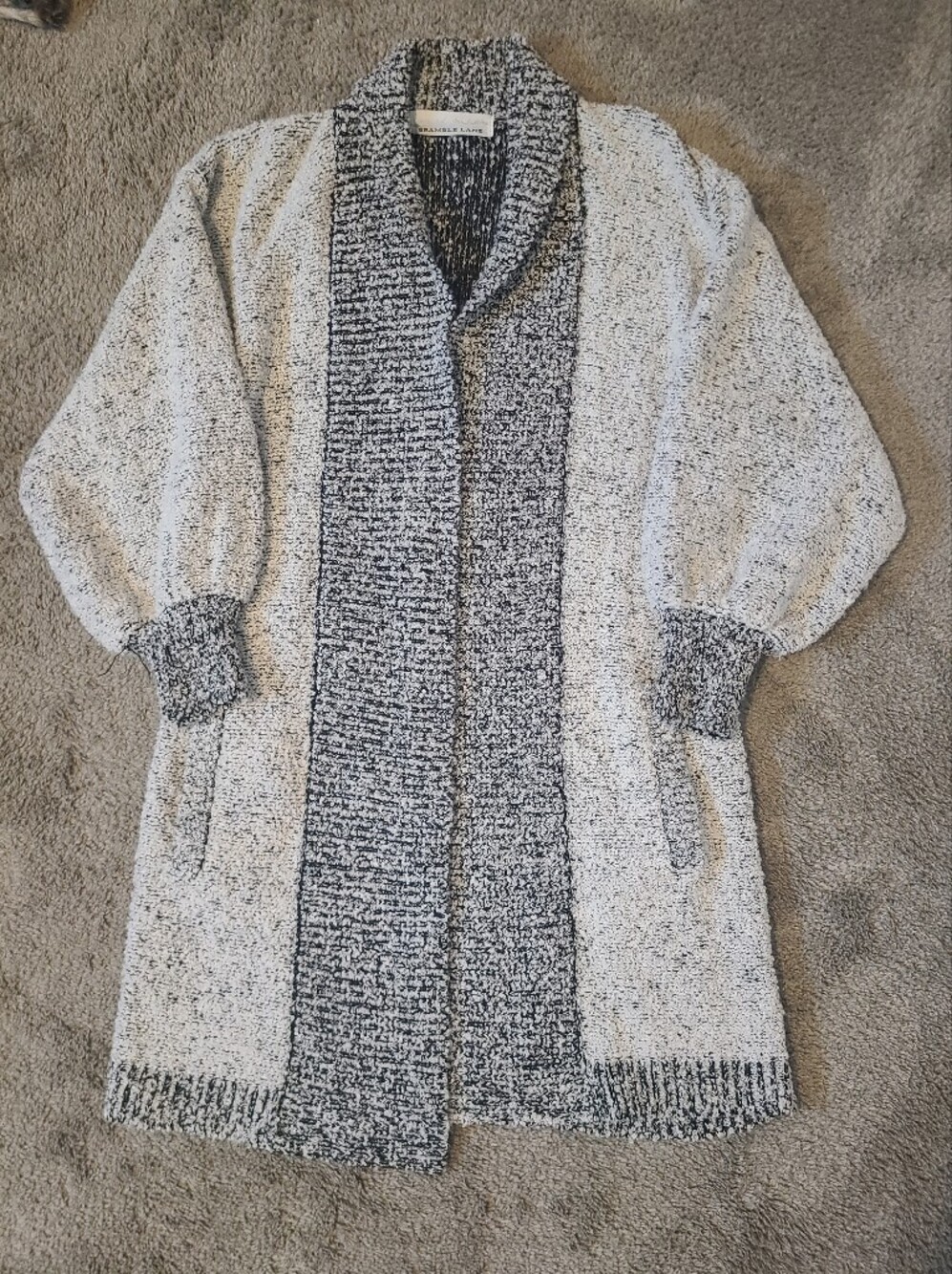 Cozy Gray Two-Tone Open Front Duster Long Cardigan Knit Sweater Lantern Sleeve
